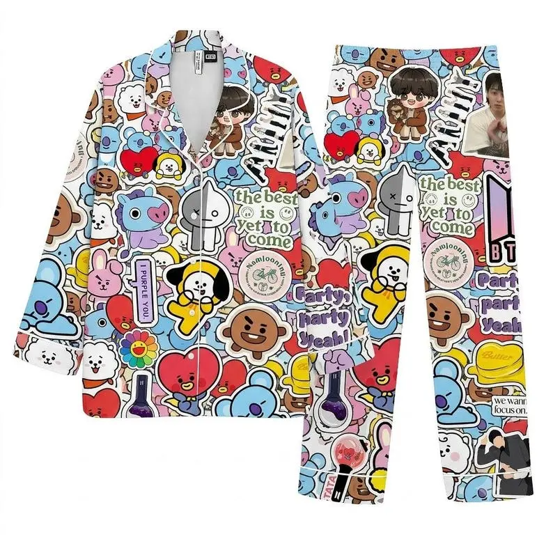 BT21 Inspired Satin Pajama Set, Kpop Cartoon Sleepwear, Silky Lounge Set, Cute All-Season Nightwear, Cozy Pajamas, Gift for Kpop Fans & Music Lovers