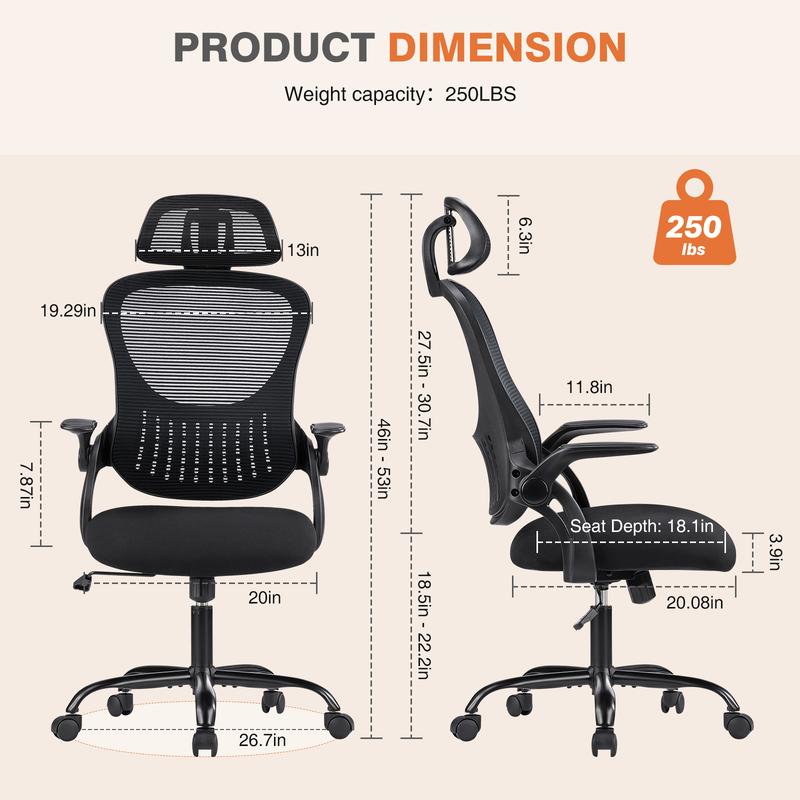 Sweet Furniture F Office Computer Desk Chair, Ergonomic High-Back Mesh Rolling Work Chairs with Wheels and Adjustable Headrests, Comfortable Lumbar Support, Comfy Flip-up Arms for Home, Bedroom