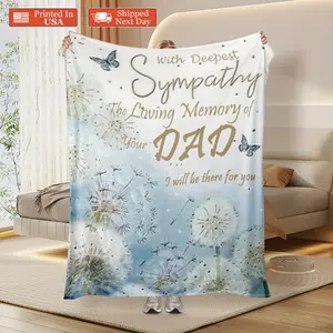 Father's Death Memorial Gift - Memorial Dandelion Flower Soft Flannel Blanket, Funeral Sympathy Gift, "Living in Father's Memory" Souvenir - 280g Four Seasons Comfort, Modern Printed Text Details