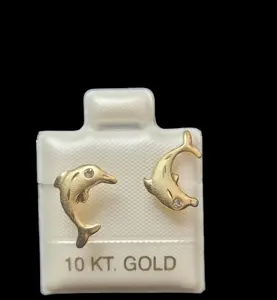 10k real Gold Dolphin Stud Earrings Small Accents Ocean Jewelry