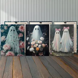 Ghost & Flowers Pattern Wooden Framed Canvas Painting, 3 Counts Cute Wall Art, Halloween Decorations, Party Wall Decor, Room Decoration
