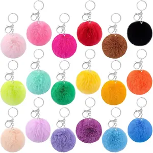 18 Pieces Keychain Rabbit Faux Fur Ball Keychain Fluffy  Keychain Puff Ball with Keychain Hooks