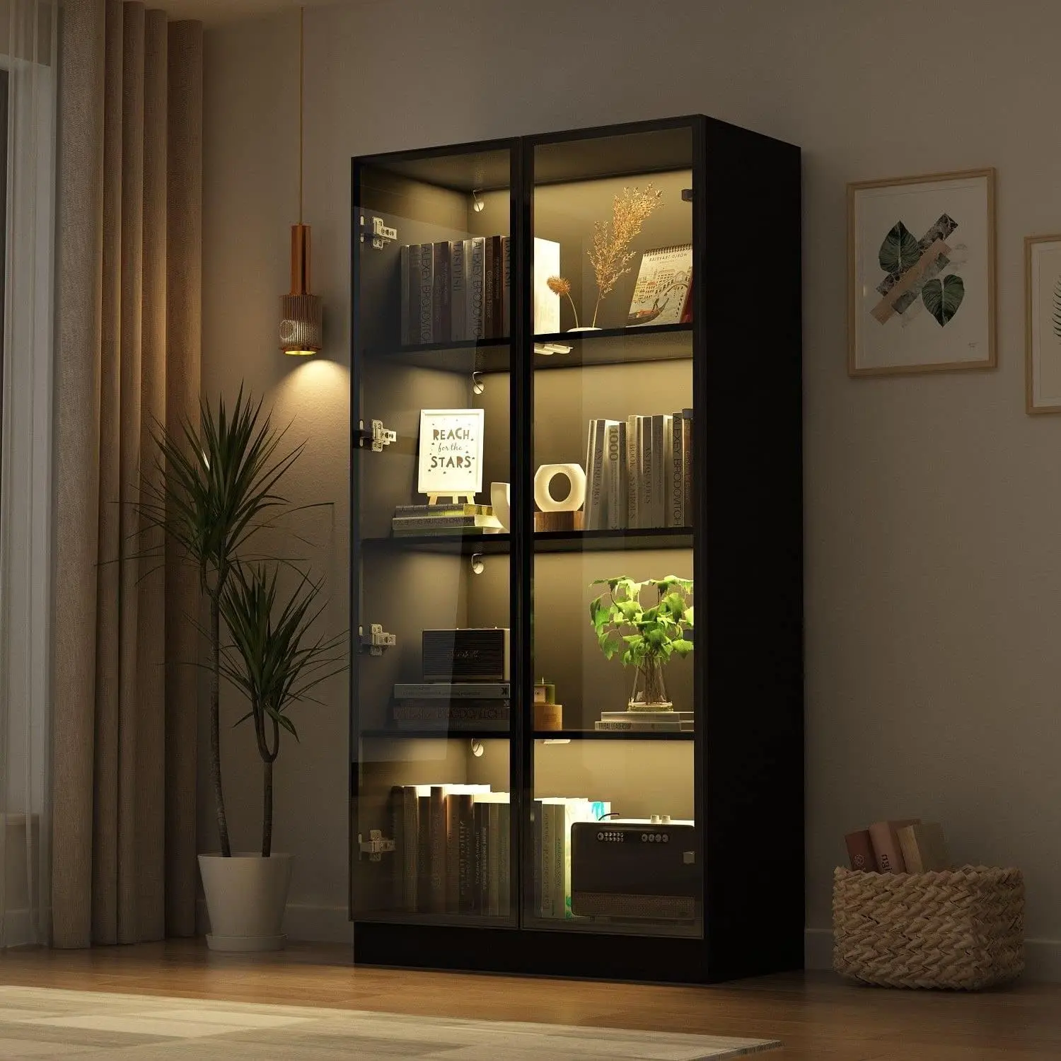 FUFU&GAGA Upgrade Display Cabinet with Glass Doors and Lights, 4-Tier Storage Shelves, Pop-up Design, Trophy Case Display Cabinet for Collectibles