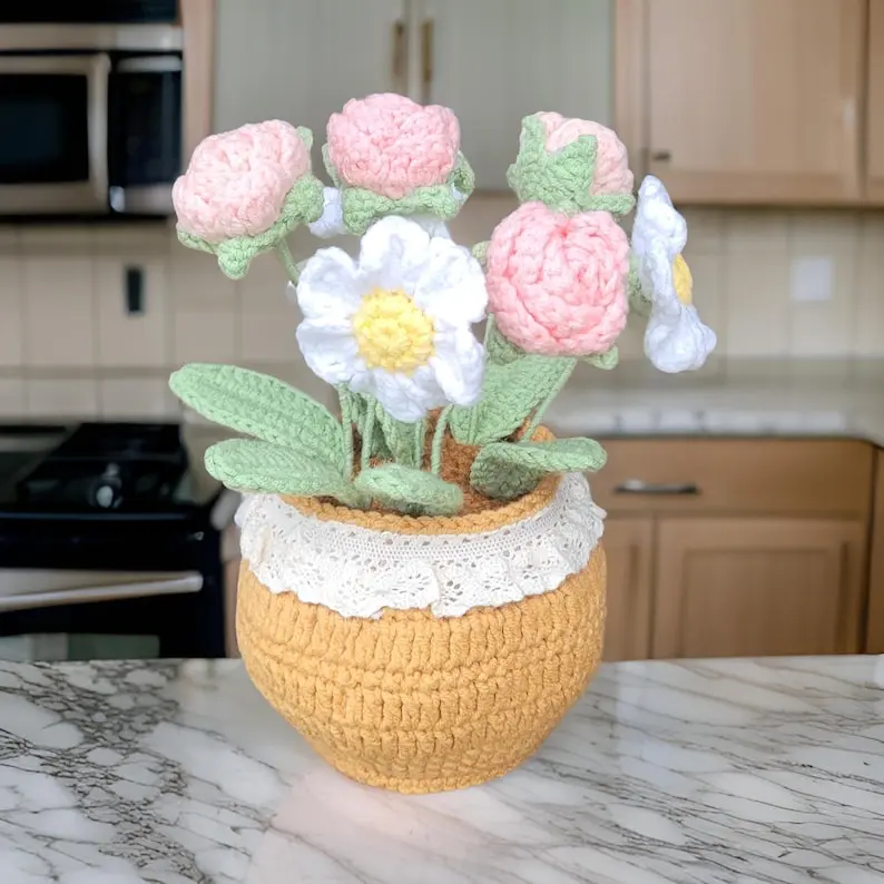 Emotional Support Daisy and Rose Flowers in Pot, Amigurumi Handmade Crochet Stuffed Flower Decoration, Positive Gift, Soft Knitting Decor