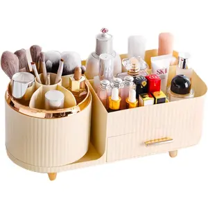 Rotating Makeup Organizer for Vanity with Brush Holder and Drawer,  Makeup Storage, Large Spinning Makeup Skincare Organizer, Countertop Makeup Perfume Organizer,  Display Case ()