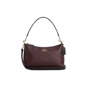 COACH Clara 26 Classic Monogram Zip Top Handle and Crossbody Bag for Women – Gold and Deep Red Coated Canvas with Smooth Leather