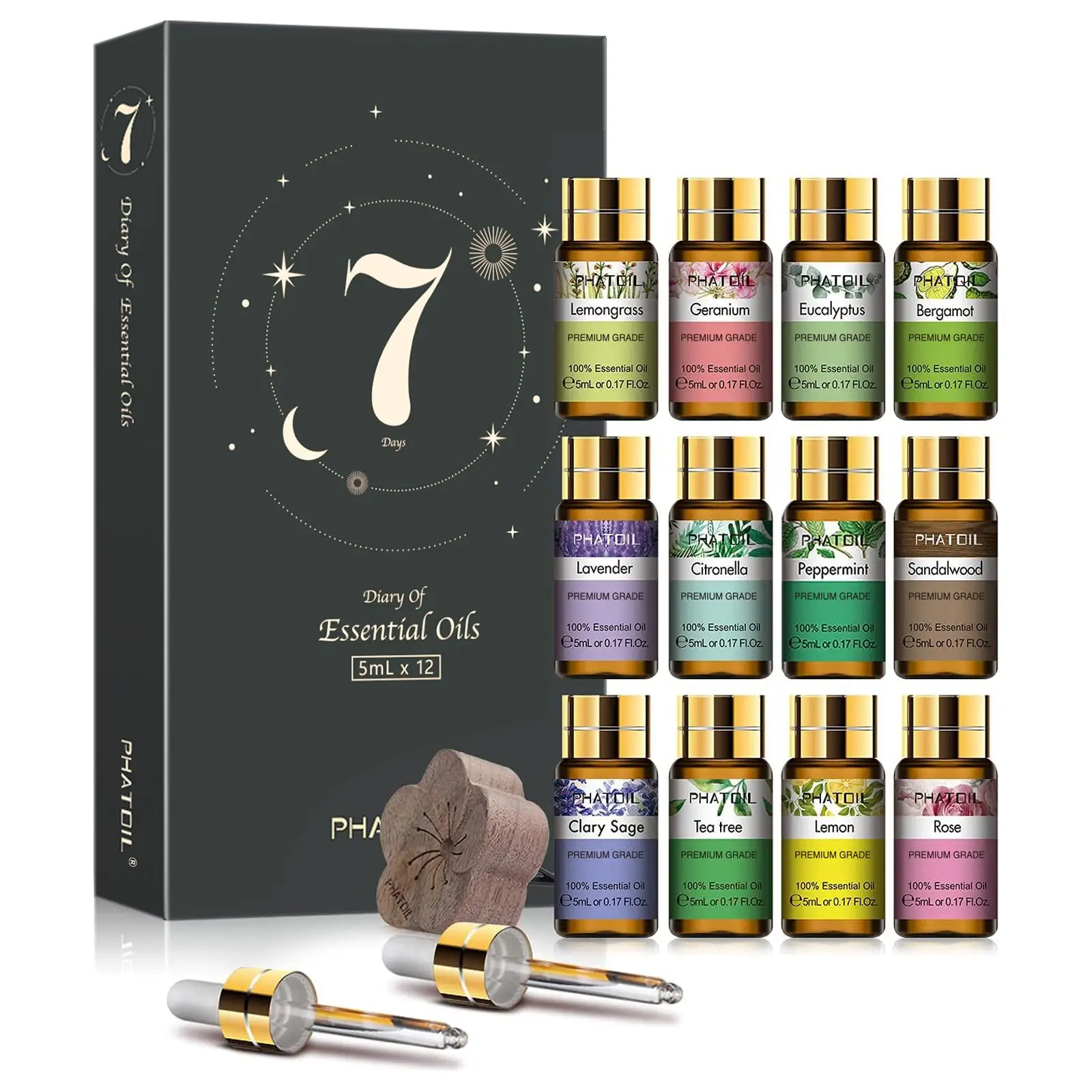 Essential Oils Magnetic Gift Box Set, 12pcs/set Summer Scented Aromatherapy Oils for Home Diffusers Humidifiers, with Two Droppers and One Wooden Diff