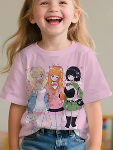 Japanese Style Sweet Girl Group Girls' T-Shirt, 3D Cute Print, Comfortable Loose Fit, Campus Daily Wear, Casual Short Sleeve Top