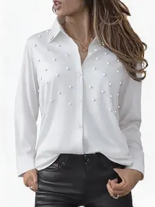 Women's European-style lapel long-sleeve shirt, fashionable with pearl beaded design, elegant casual top
