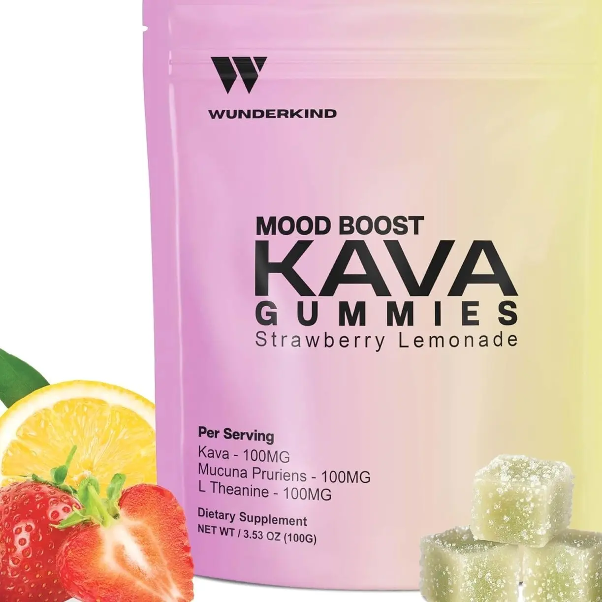 WUNDERKIND Kava Gummies Extra Strength Mood Boost - High-Potency 70% Kavalactones | Natural Stress Relief | Vegan, Clean Ingredients, No Gelatin or Dyes | 1 Gummy Per Serving | Strawberry Lemonade