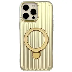 Luggage stripe case suitable for iPhone 17, magnetic stand, full coverage for iPhone 16 Pro Max, anti-drop hard case