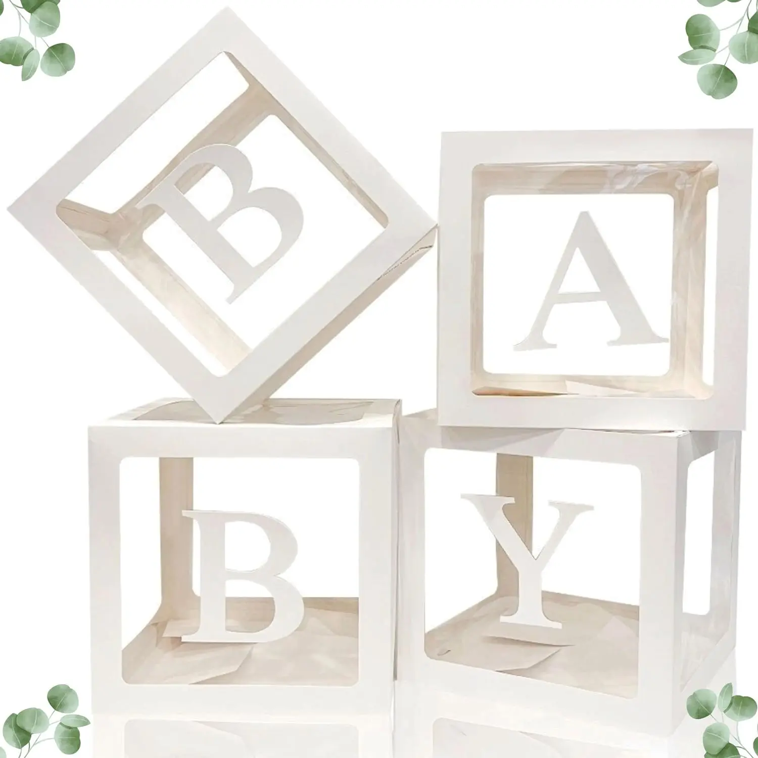 Premium Baby Shower Decorations For Boy or Girl Kit - Jumbo 4 pcs Transparent Balloon Boxes Decor with Letters, Balloon Blocks Includes BABY Letters, Gender Reveal Decor, 1st Birthday Party Backdrop