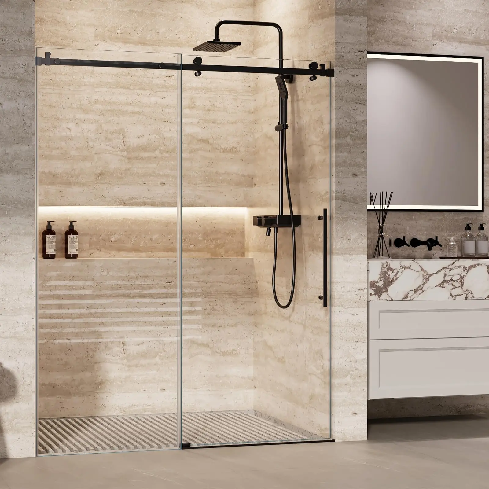 GARVEE Shower Glass Door with Waterroof Seal Strip (56-60" W x 75 "H),Frameless Shower Sliding Door with Clear SGCC Tempered Glass 5/16" (8mm),Stainless Steel Hardware,Black