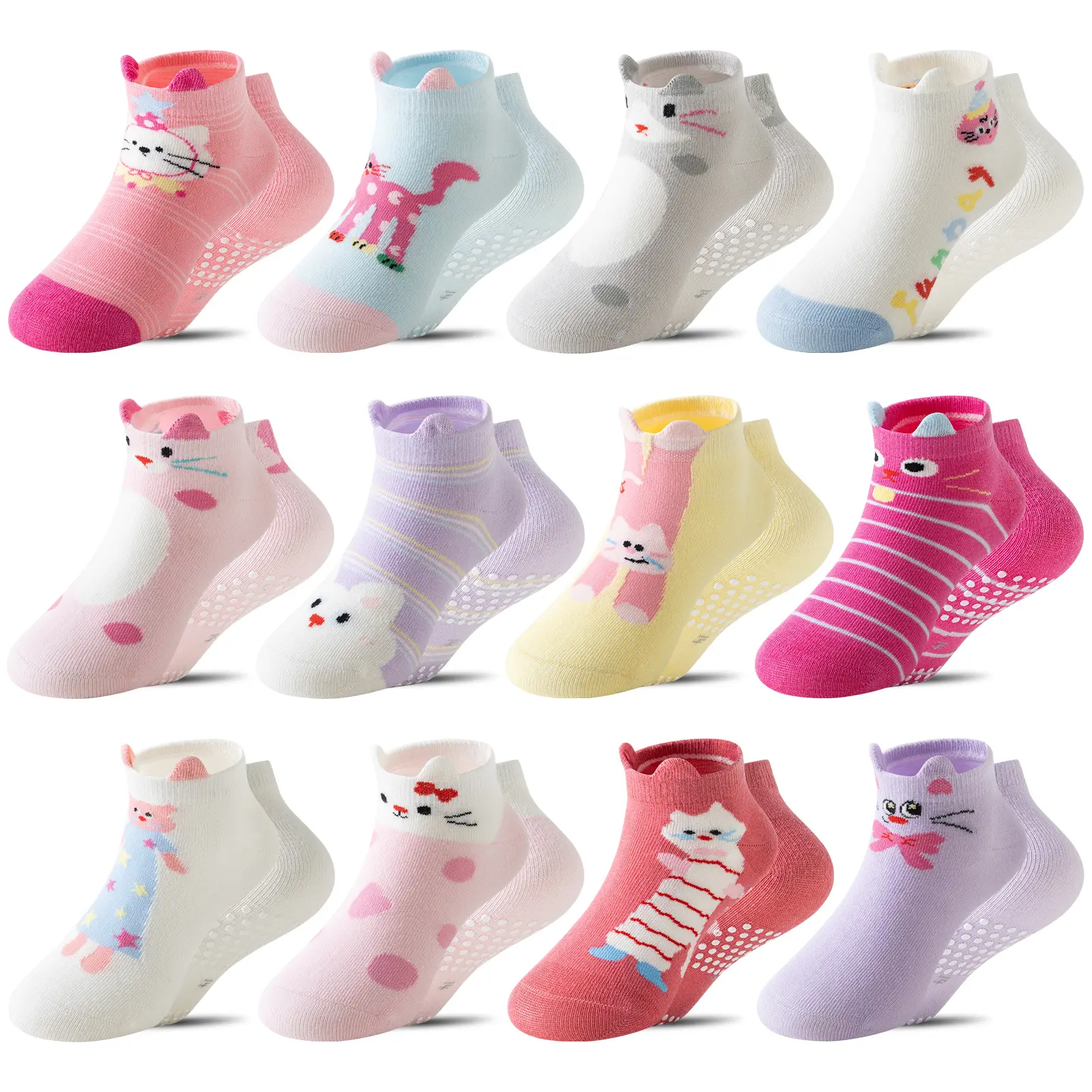 12 Pairs Baby Girls Toddlers Grips Socks Kids Non Slip Anti Skid Ankle Cotton No Show Socks With Grippers Doughnut Socks