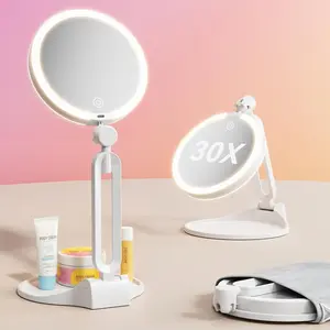 Travel Makeup Mirror with Lights 2026 New, 1X/30X Magnification Double Sided Lighted Mirror, 3 Color Lighting & Stepless Dimming, 2000mAh Foldable Portable Mirror for Desk & Travel