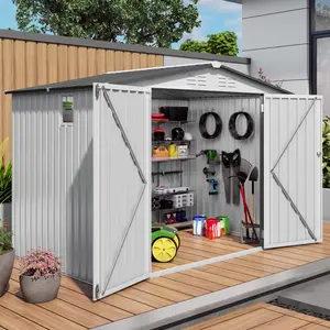 8x6 FT Metal Outdoor Storage Shed with Pitched Roof & Side Window, Waterproof Garden Tool Shed with Lockable Door, Compact Storage for Backyard, Patio & Bike Storage