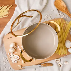 Bloomhouse 6 Quart Heavy Duty Aluminum Premium PFA Free Ceramic Nonstick Dutch Oven Pot with Lid - Almond Cream with Gold Handle