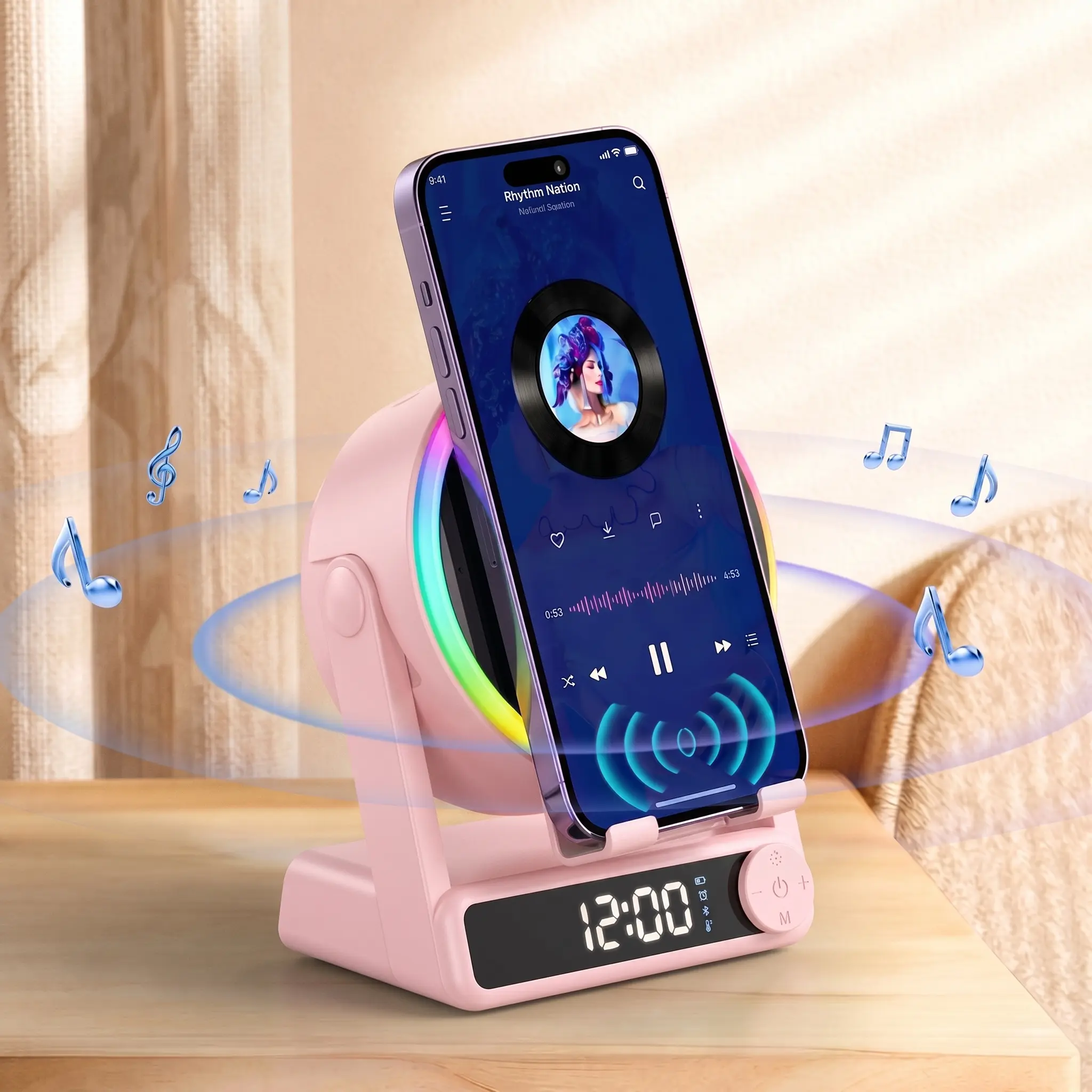MFHHFM 5-in-1 Wireless Induction Speaker with Smartphone Stand, Bluetooth Speaker, Digital Alarm Clock, RGB Color Ambient Light, Phone Sound Amplifier for Video Calls, Music, Bedroom Gifts