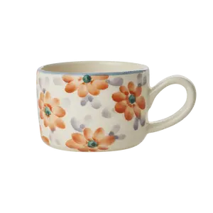 Ceramic Cappuccino Cup with Hand Painted Orange Flowers - 6.7 oz