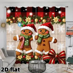 2D Flat 2Pcs Holiday Buffalo Plaid Gingerbread Design Curtains, Festive Christmas Theme with Snowflakes and Golden Poinsettias, Rod Pocket Top, Polyester Fabric, Semi Light Filtering for Living Room Bedroom Home Window Decoration, Decor