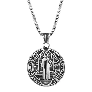 OIDEA Saint Benedict Medal Pendant Necklace for Men, Stainless Steel Catholic Cross Relief Embossed Real Metal Construction Safe Religious Protection Faith Jewelry Gift, Cross Relief Necklaces, Embossed Cross Necklaces