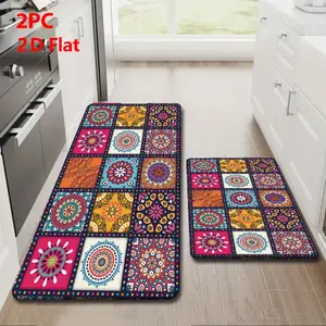 2/3 Piece Flannel Kitchen Mat Set, Boho Mandala Pattern, Non-Slip, Absorbent, Ideal for Bathroom, Laundry Room, Hallway