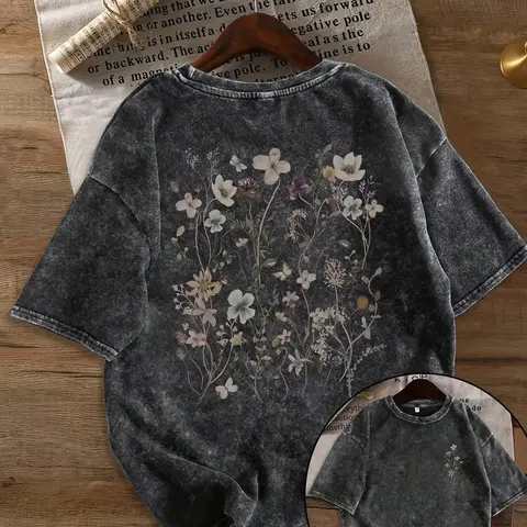 Women's Classic Retro Printed Floral Bouquet 100% Cotton Crewneck Short-Sleeve Streetwear Tee - Washed Design, Soft Fabric, Breathable, Comfortable Fit, Everyday Basics, Easy Daily Wear Top