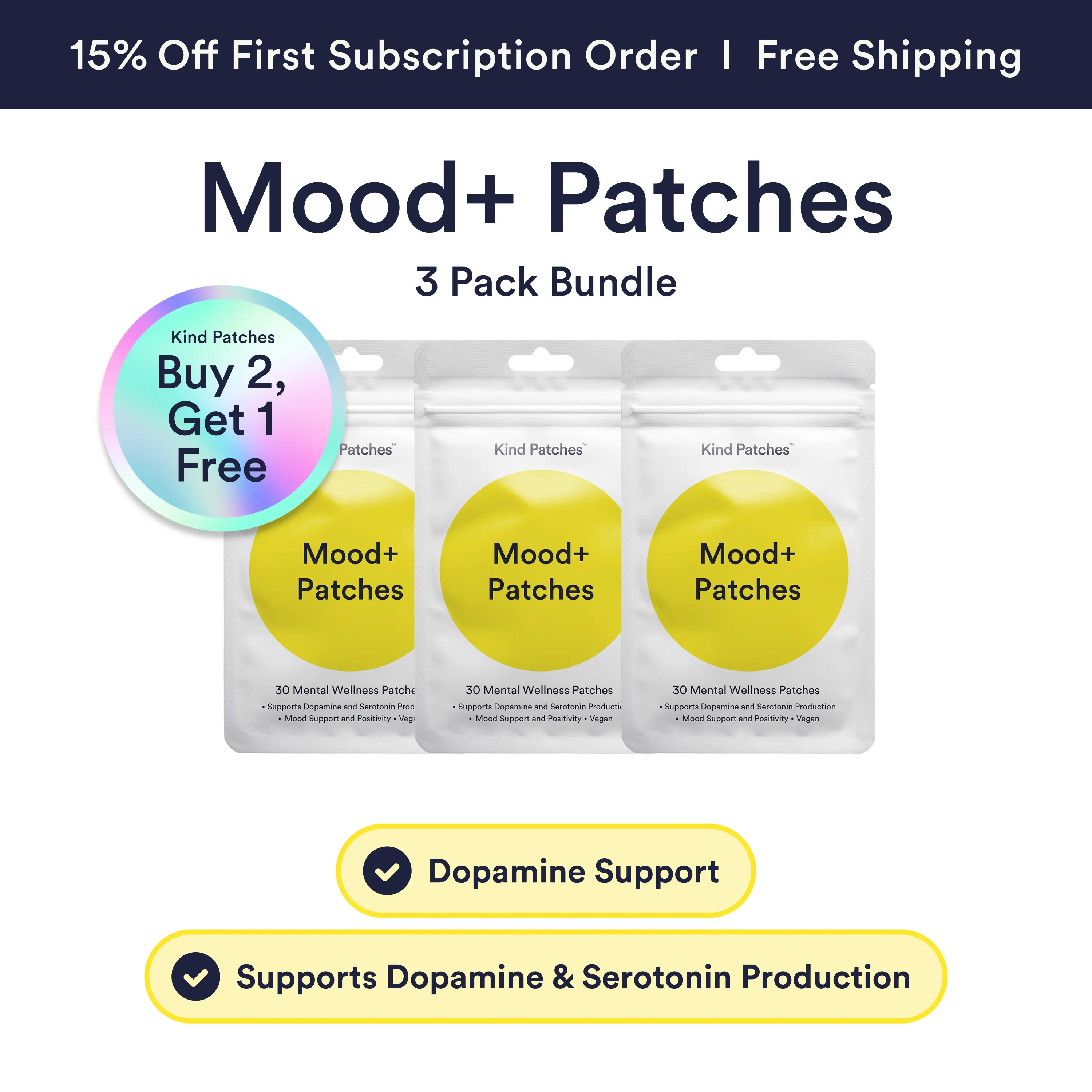 3 Packs of Kind Patches Mood+ Patches, Supports Dopamine and Serotonin Production, Mood Support, Vegan