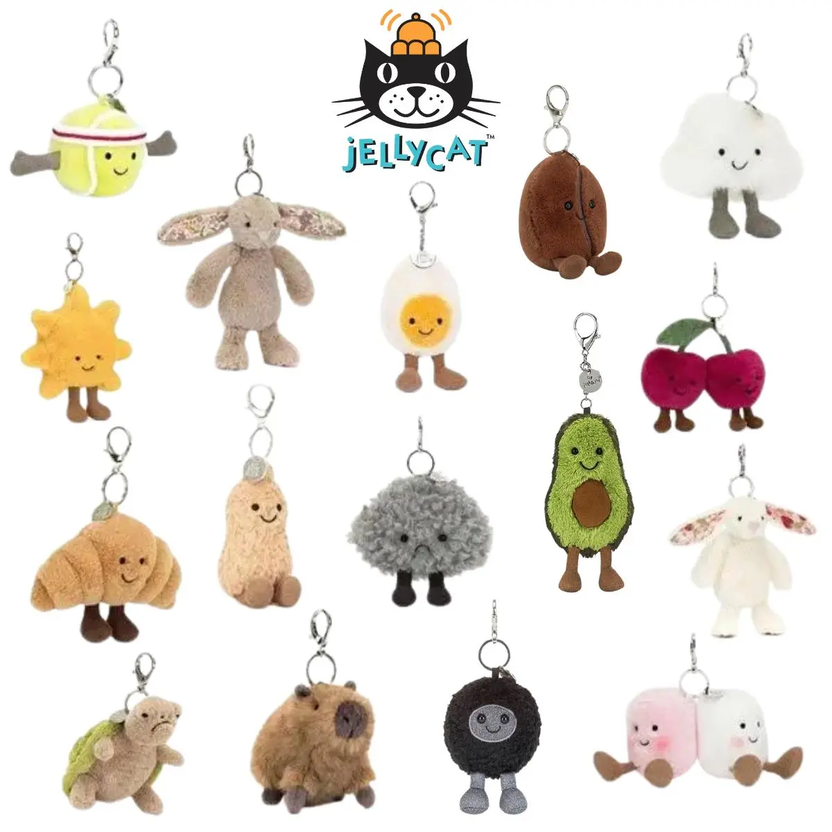 Jellycat Keychain - Cute Animal or Food Themed Soft Stuffed Charm - Hanging Pendant Gift for Backpacks, Car Keys