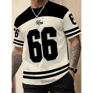 Men's Athletic Short-Sleeve Summer Jersey - KING #66 Print, Black & White Striped Design, Polyester, Casual Sporty Streetwear for Running, Training Attire, | Wear Durable Sportswear