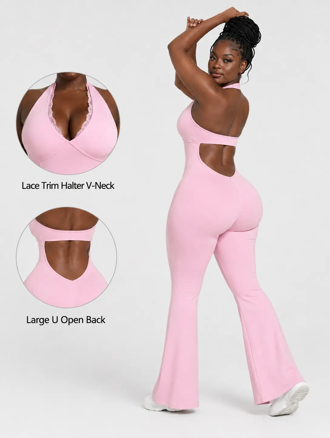 Sculpt Snatch Women's Backless Halter Jumpsuit, Flare Leg Bodycon Romper with V Neck Lace Trim, Stretchy One Piece Workout Outfit & Casual Going Out Set