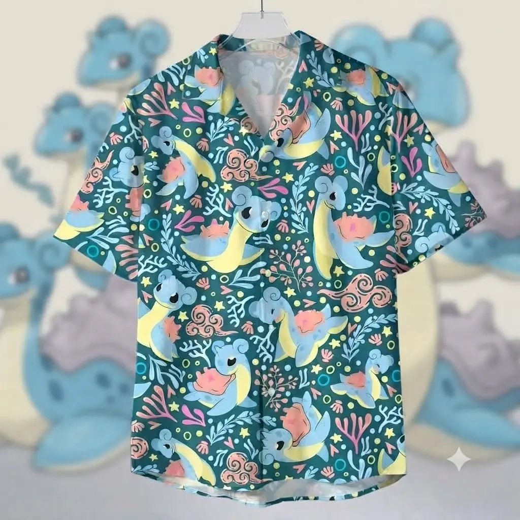 Fresh Summer Youthful Bold Anime Lapras Ocean Breeze PKM Hawaiian Shirt Gentle Ocean Cruiser Blue Sea Transport Aloha Shirt Casual Button Down Top Trendy Beach Wear Premium Holiday Gift For All Ages Family Outfits Mom Dad Kids Clothing