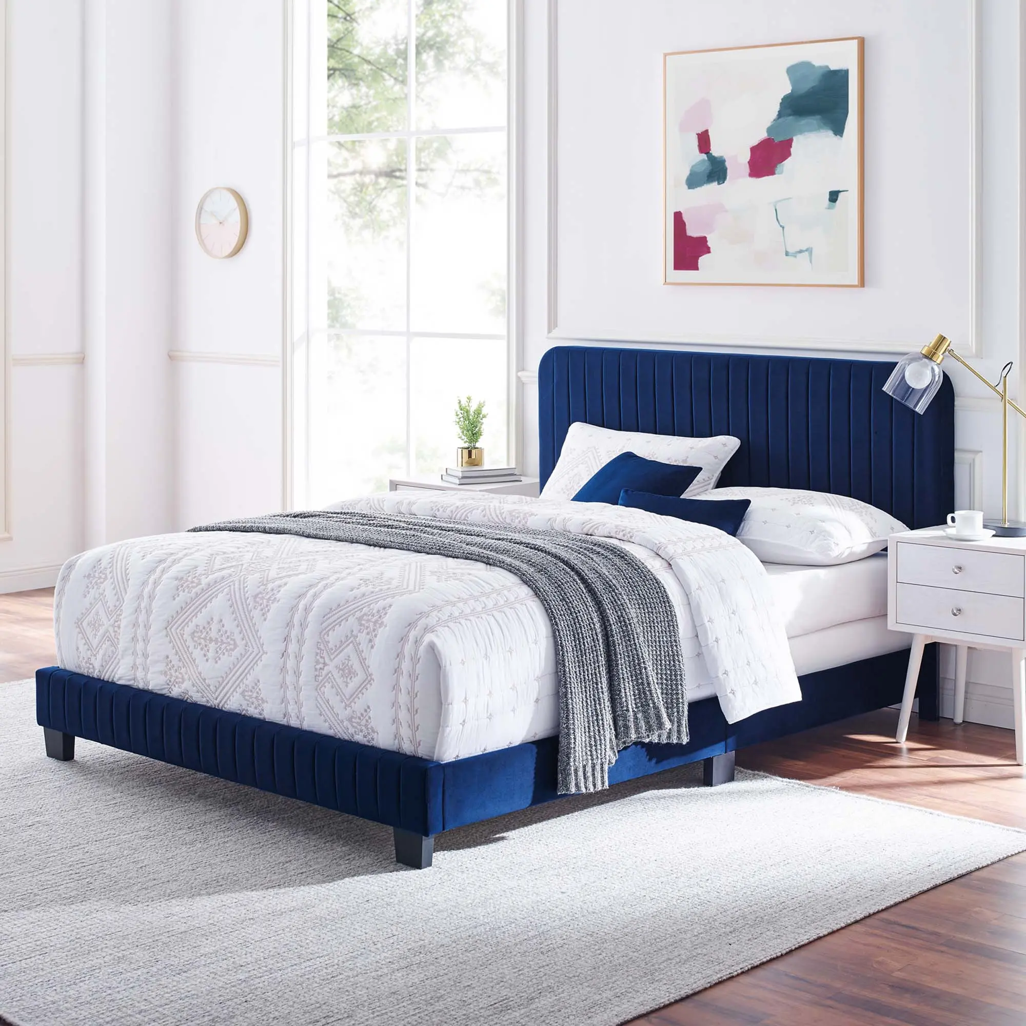 Modway Celine Channel Tufted Performance Velvet Twin Bed in Navy