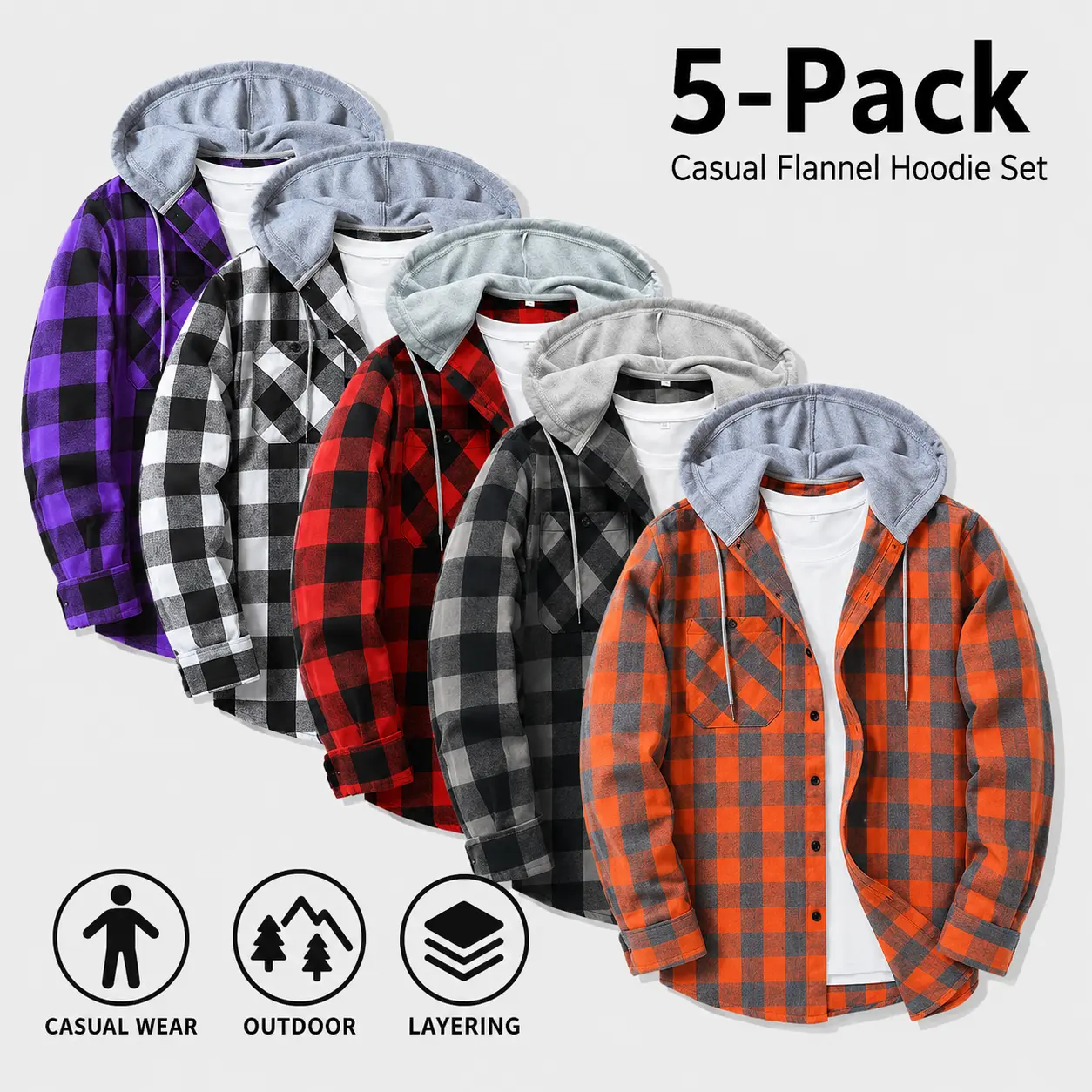 ZITY 5-Pack Men's Plaid Hooded Soft Flannel Shirt - Long-Sleeve Biker Pullover, Casual Chic Button-Down Jacket with Chest Pocket, Drawstring Hood Adds Cozy Coverage, Polyester Rayon, Pilling-Resistant, Standard Sizing Menswear Top