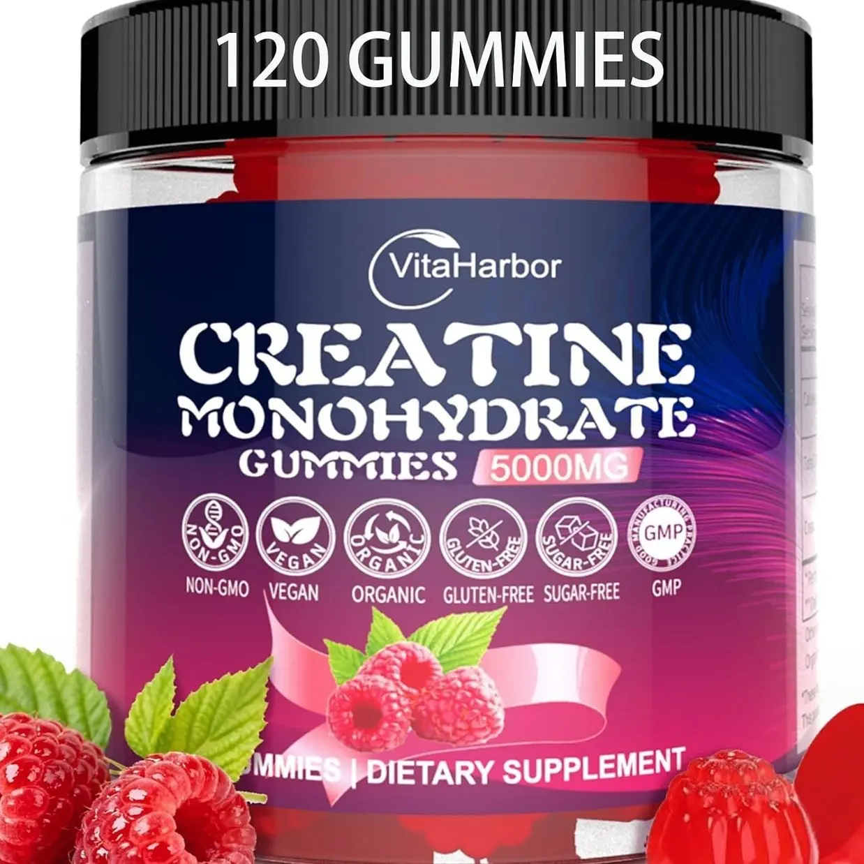 Creatine Monohydrate Gummies 5000mg for Men & Women, Organic Pure Creatine Gummies | Sugar Free,Vegan, Non-GMO,Raspberry Flavor, 120 Count