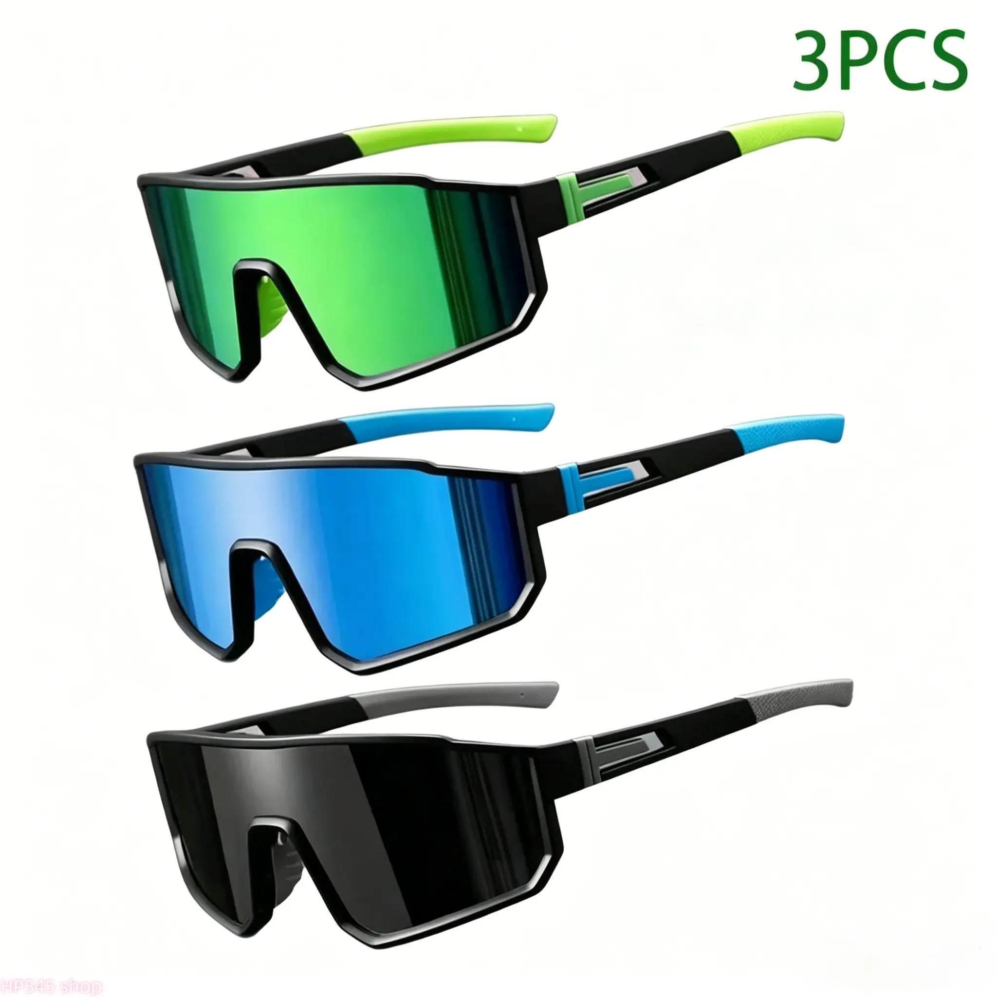 Men's Unisex 3-Pack Sport Wrap-Around Polarised Cycling Glasses, UV400 UV Protection Lens, Black Frame, Green/Blue/Black Lens Options, for Cycling, Driving