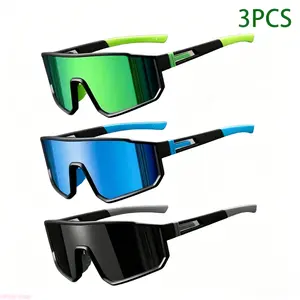 3 Pcs Unisex Sport Wrap Around Sunglasses Set, Polarized Mirror Lens UV400 Protection Eyewear, Black Frame Shades With Green Blue Black Lenses For Cycling Driving Outdoor