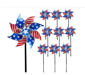 10 Pack Reflective Pinwheels Patriotic Decorations, American Flag on Stick Wind Spinner with Stake for Independence Day, Memorial Day July of 4th Party Supplies, Scare Birds Repellent Devices
