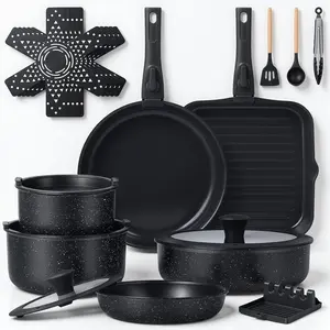 21 Pcs Pots and Pans Set Non Stick with Detachable Handle & Grill Pan, Induction Ceramic Cookware Set, Non Toxic Kitchen Pots and Pans Set for RVs,Camping, Oven/Dishwasher Safe, Black