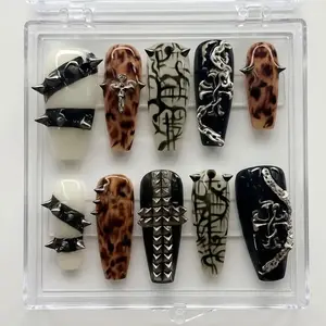 Gothic Leopard Press On Nails, Edgy Punk Cross Snake Studded Set, 3D Animal Print & Chrome Cross Nail Art