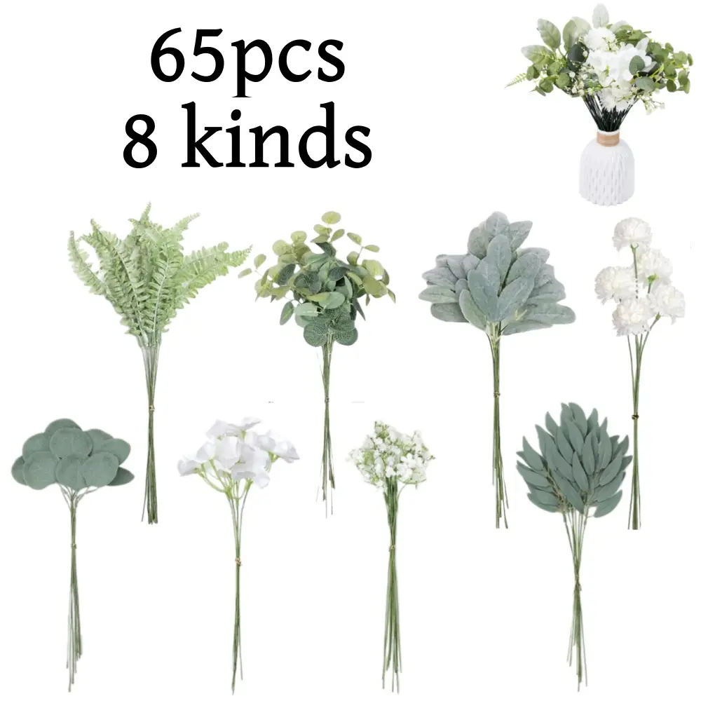 65-Piece Artificial Greenery Stems Pack, 8 Kinds of Faux Flower & Plant Branches with Fake Eucalyptus, Decorative Ornaments for DIY Bouquets & Wedding Floral Arrangement, Plants, Leaf, Chrysanthemum, Silk, Wedding Decor