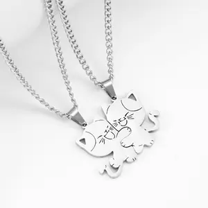 Women's Cute Hug Cat Pendant Titanium Steel Necklace - Trendy Spliced Chain, Matching Couple, Animal Theme, Character Chain Jewelry Gift for Friends, Matching Couple Necklaces, Animal Theme Necklaces