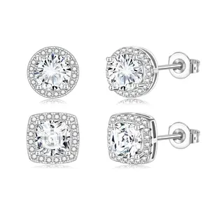 Womens Premium 4 Pack Halo Zircon Stud Earring Set Available In Round Square Silver Tone Designs Hypoallergenic Craft Comes With Ear Plugs And Elegant Jewelry Box Ideal Present For Women Summer Outfits