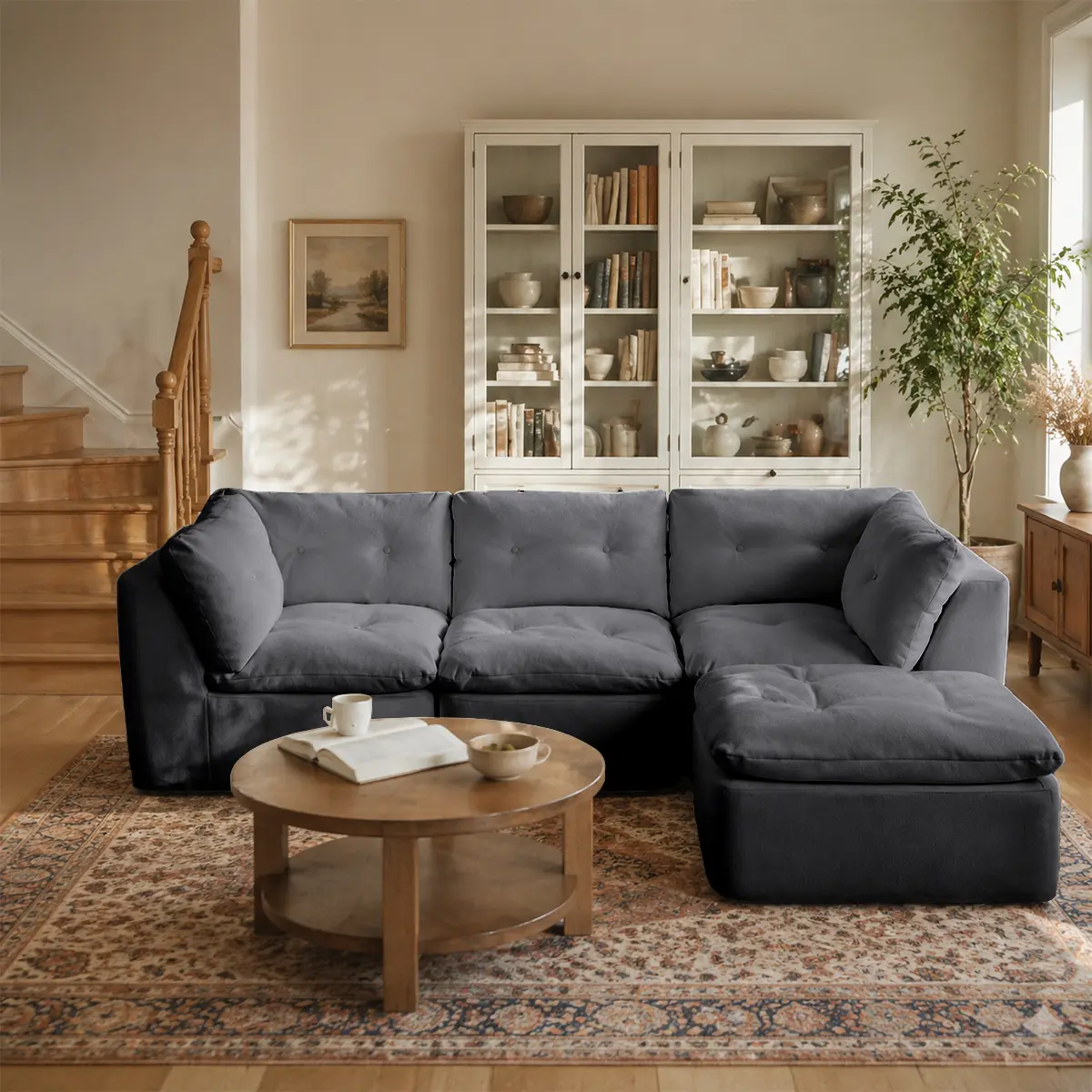 Classic Pre-Assembled Modular Reconfigurable L-Shape Sectional Couch - 4-Seat, 118.81" Linen-Look Textile Upholstery Dark Gray Sofa with Fixed Arms, Chaise Lounge Extension, Cushioned Comfort for Living Rooms