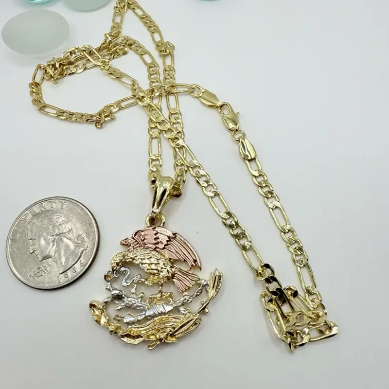 Mexican Eagle Pendant with 24" Figaro Chain Gold Plated Cuban Link Chain Men's Jewelry Unique Cultural Significance- Cadena De Aguila Mexicana.