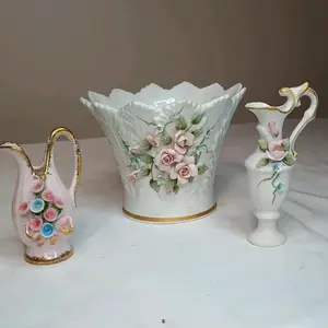 (3) Lefton Hand Painted Miniature Vases With Handle Tooth Pick Holder Or Vase 3”
