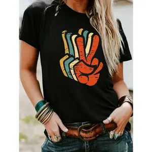 Women's Summer Casual Fashion Vintage Colorblock Print Round Neck Short Sleeve T-Shirt, Comfortable Breathable Fit S-XXXL