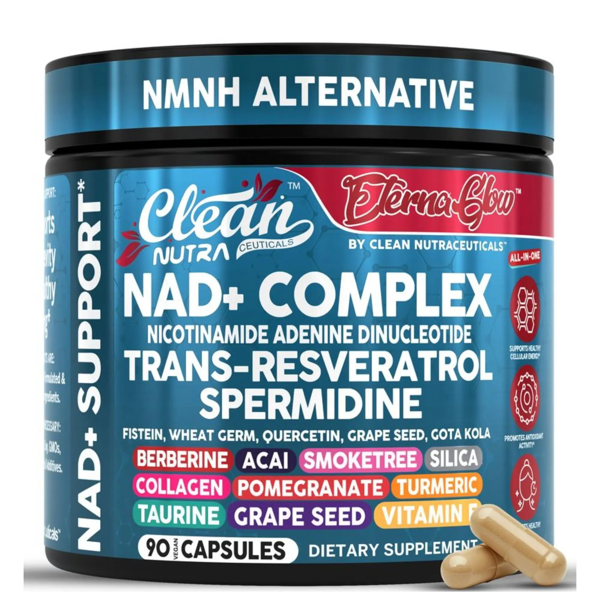 Clean Nutra Trans-Resveratrol, Spermidine & Quercetin for NAD+ Support & Cellular Vitality - Eterna Glow