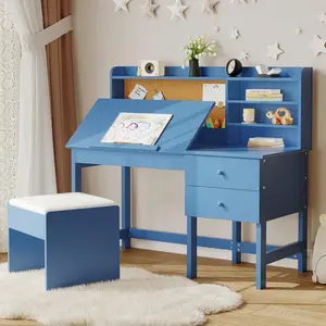 Kids Desk and Chair Set - Premium Wooden Study Table for Boys & Girls with Adjustable Tilt Desktop, Drawers & Cork Board, Blue