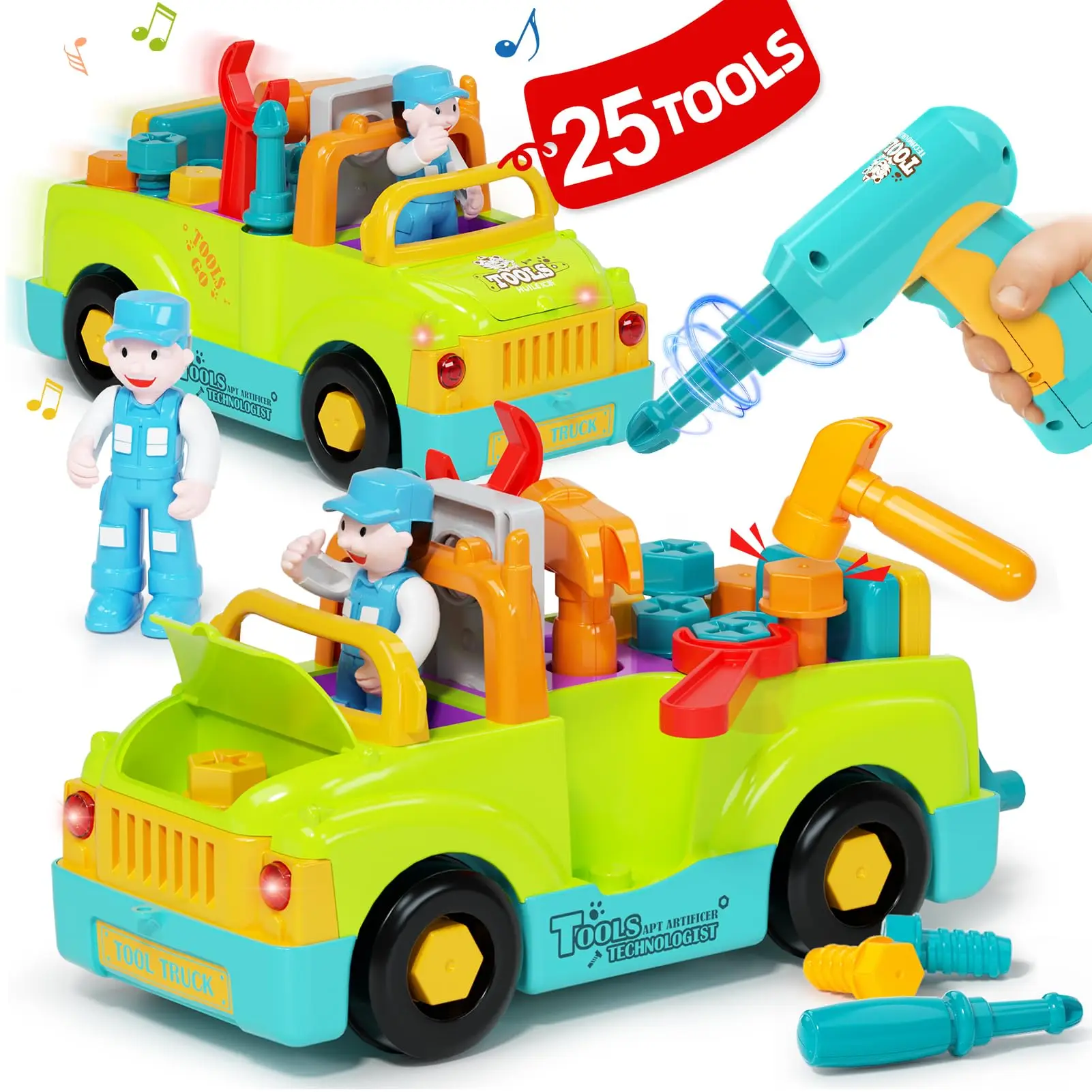HOLA Tool Truck Toddler Toys with Electric Drill, Developmental Toys Baby Toy with Light Music and Motor Activities, 2 Years Old Toddler Pretend Play